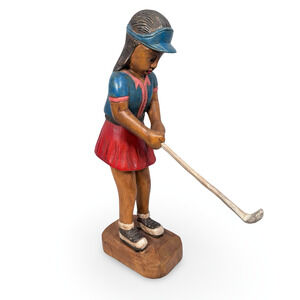 Vintage Hand Carved Female Golfer Carving 20" Wood Statue Golf Decor Unsigned